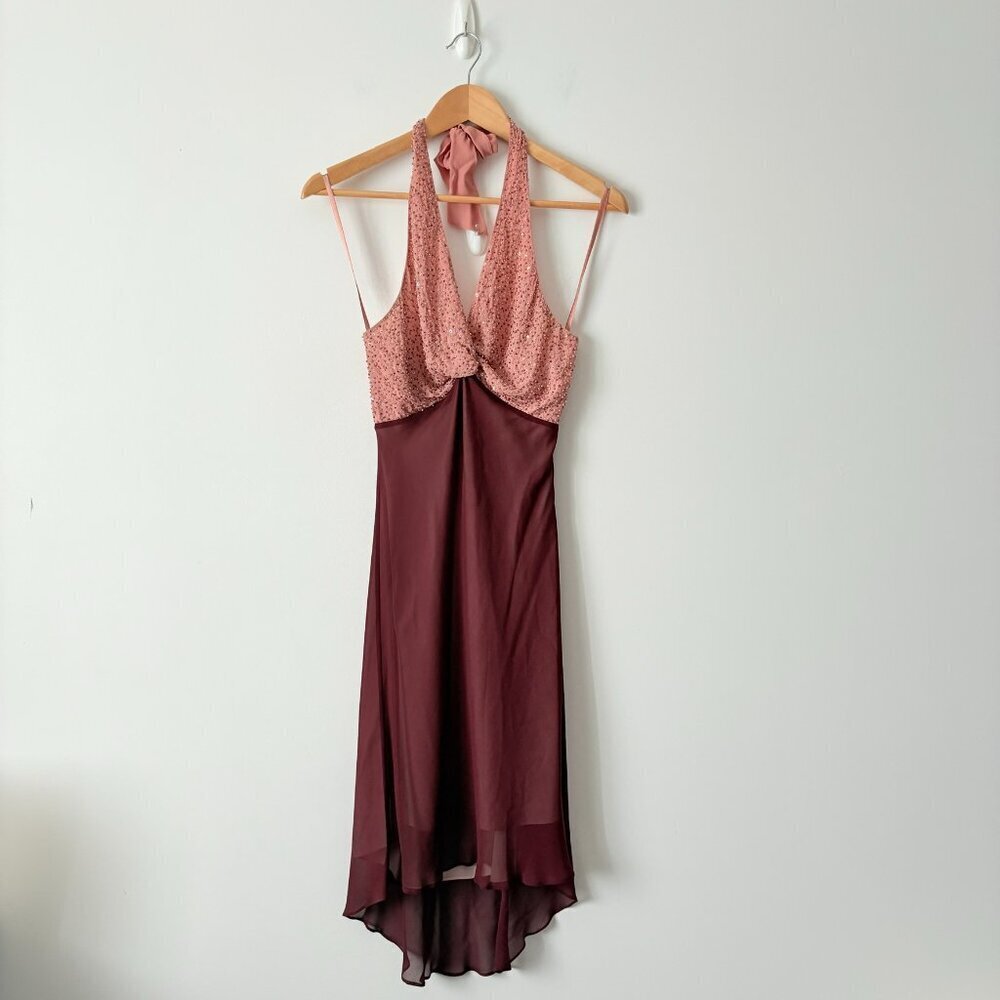 BCBGMaxAzria 100% Silk Beaded Halted Midi Dress Burgundy Pink Size 0